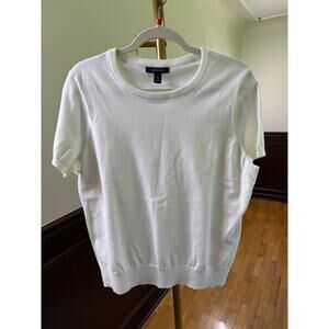 Lands’ End Cream Short Sleeve Sweater L Cotton Knit Lightweight Classic Top
